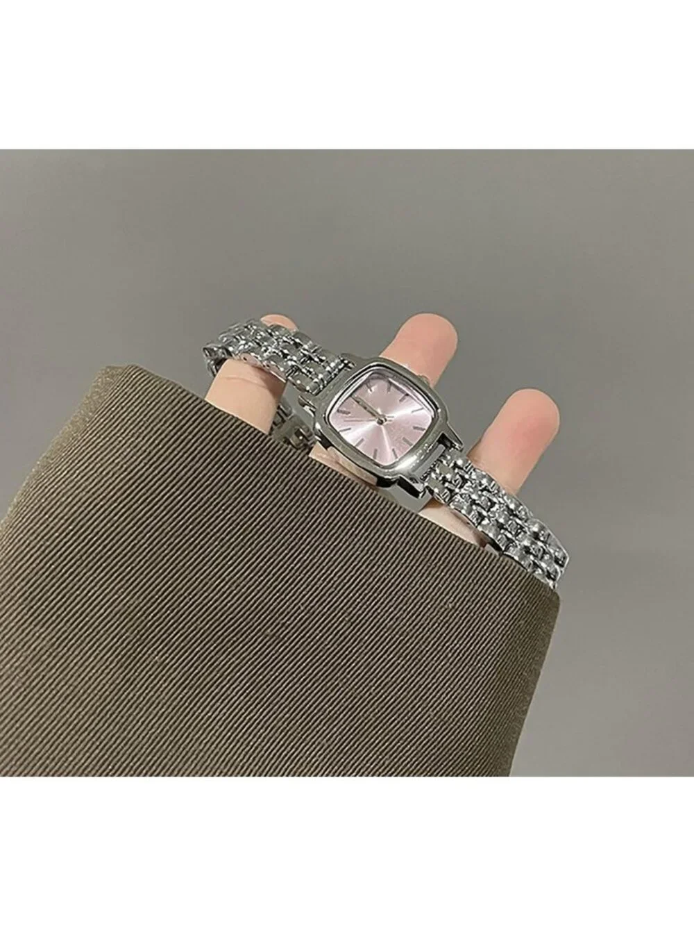 Women's Silver Pink Steel Strap Casual Fashion Simple Square Quartz Wrist Watch